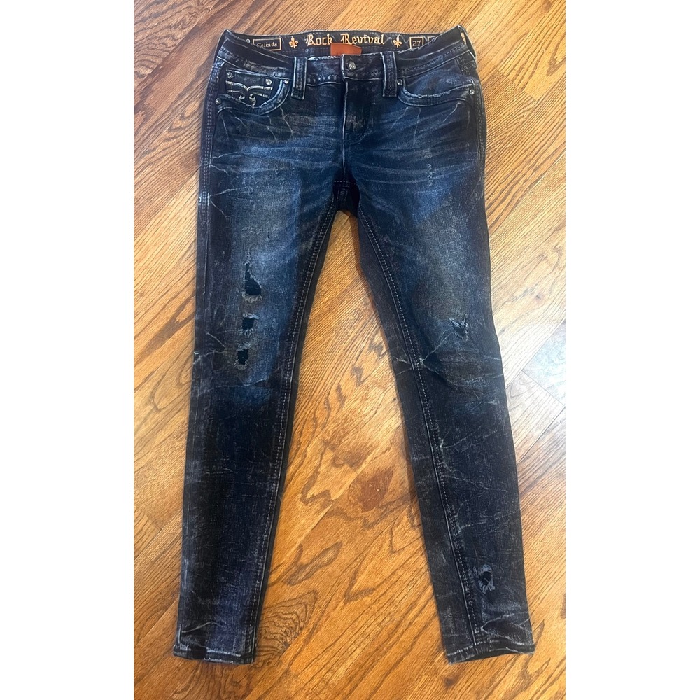 Rock Revival Celinda Skinny Jeans Mens 27 Dark Distressed Fleur‎ De Lis Denim